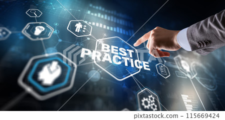 Best Practice concept with hand pressing icons. Businessman touching finger inscription 115669424