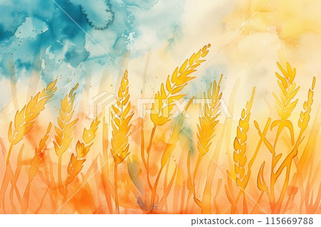 Abstract watercolor background with golden wheat in a field, suitable for autumn and agricultural projects 115669788