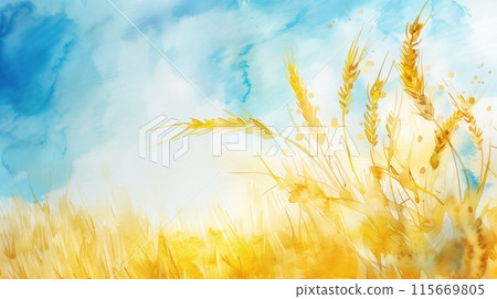 Abstract watercolor background with golden wheat and a clear blue sky, suitable for nature and seasonal designs 115669805