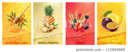 Set of labels with fruit and berry  drink. Fresh fruits juice splashing together- honey, passion fruit, lemon, ginger, pineapple, strawberry, raspberry, sea buckthorns juice drink splashing. Vector 115669869