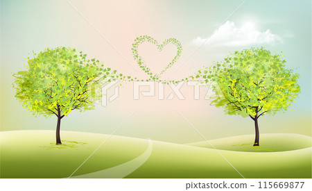 Summer natural background with green trees and leaves collected in the shape of a heart. Vector Summer natural background with green trees and leaves collected in the shape of a heart. Vector 115669877