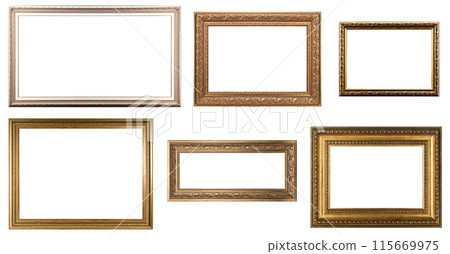 Set Classic Old Vintage Wooden mockup canvas frames isolated on white background. Blank Beautiful and diverse subject moulding baguette. Design element. use for framing paintings, mirrors or photo. 115669975