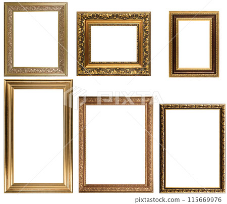 Set Classic Old Vintage Wooden mockup canvas frames isolated on white background. Blank Beautiful and diverse subject moulding baguette. Design element. use for framing paintings, mirrors or photo. 115669976