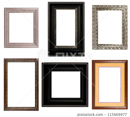 Set Classic Old Vintage Wooden mockup canvas frames isolated on white background. Blank Beautiful and diverse subject moulding baguette. Design element. use for framing paintings, mirrors or photo. Set Classic Old Vintage Wooden mockup canvas frames isolated on white background. Blank Beautiful and diverse subject moulding baguette. Design element. use for framing paintings, mirrors or photo. 115669977
