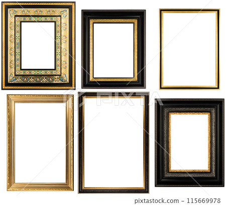 Set Classic Old Vintage Wooden mockup canvas frames isolated on white background. Blank Beautiful and diverse subject moulding baguette. Design element. use for framing paintings, mirrors or photo. Set Classic Old Vintage Wooden mockup canvas frames isolated on white background. Blank Beautiful and diverse subject moulding baguette. Design element. use for framing paintings, mirrors or photo. 115669978