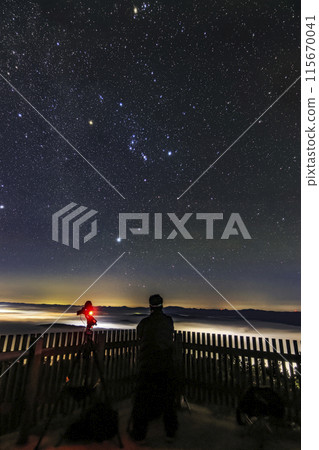 Sea of clouds and starry sky from Kiri no Umi Observatory in Miyoshi City, Hiroshima Prefecture: Orion Sea of clouds and starry sky from Kiri no Umi Observatory in Miyoshi City, Hiroshima Prefecture: Orion 115670041