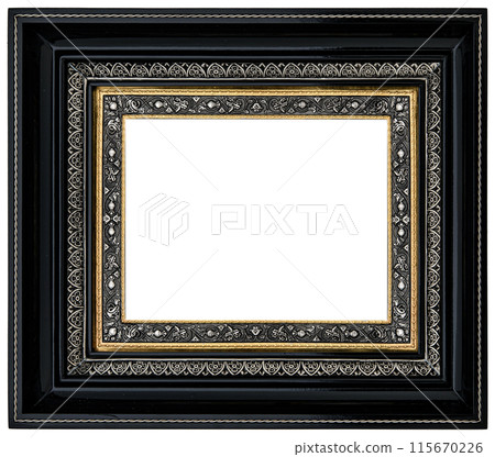 Antique Golden Brown Classic Old Vintage Wooden Rectangle ornate mockup canvas frame isolated on white 115670226
