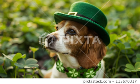 A brown and white dog with a green hat and shamrock collar is looking up with a curious expression 115670317