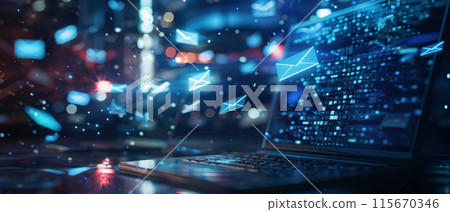 Social network background, email icons and abstract digital pattern.. Concept of connect, laptop, world, online, tech and technology. 115670346