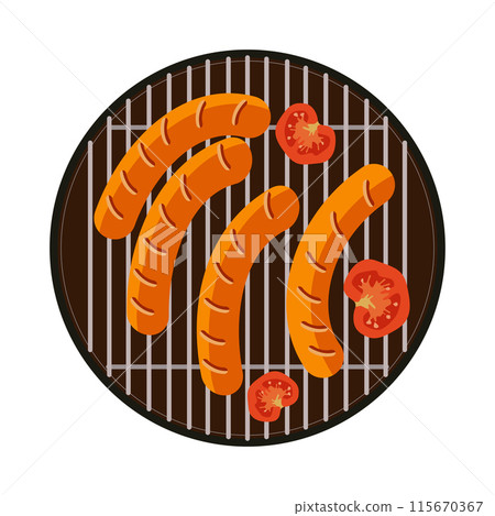 Grilled sausages and tomatoes on barbecue 115670367