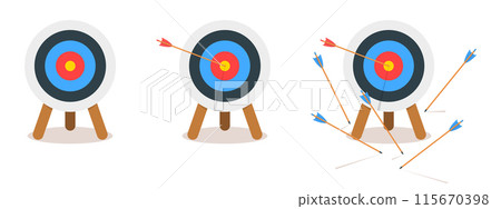 Set of archery dart boards with arrows hitting or missing bullseye. Target rings on tripods isolated on white background. Attempt in sports game or business. Vector cartoon illustration 115670398