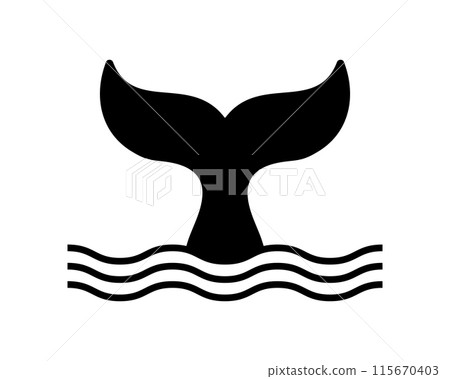 Whale tail with waves icon. Dolphin, orca, beluga or another marine mammal sign. Black cetacean animal fin silhouette isolated on white background. Ocean beast symbol. Vector graphic illustration Whale tail with waves icon. Dolphin, orca, beluga or another marine mammal sign. Black cetacean animal fin silhouette isolated on white background. Ocean beast symbol. Vector graphic illustration 115670403