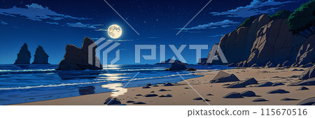 Nighttime beach scene with a full moon. Nighttime beach scene with a full moon. 115670516
