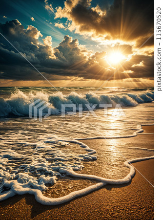 Sunset over ocean with waves crashing on shore. Sunset over ocean with waves crashing on shore. 115670520