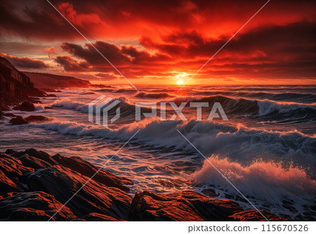 Red sunset over ocean. 115670526