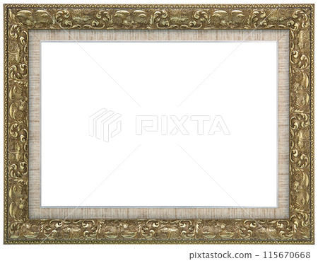 Antique Golden Brown Classic Old Vintage Wooden Rectangle ornate mockup canvas frame isolated on white 115670668