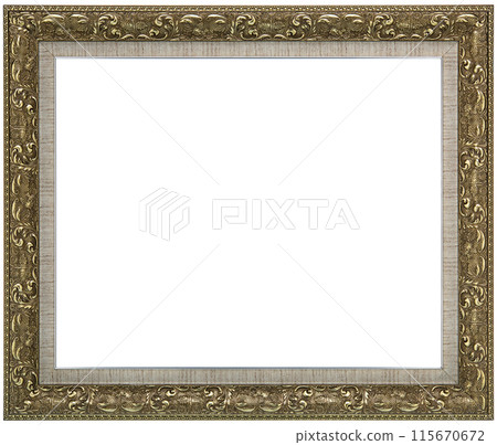 Antique Golden Brown Classic Old Vintage Wooden Rectangle ornate mockup canvas frame isolated on white 115670672