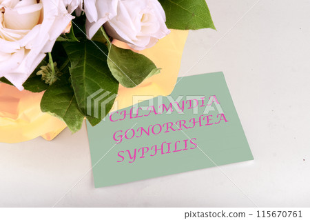 CHLAMYDIA GONORRHEA SYPHILIS The joke inscription is associated as a bouquet of sexually transmitted diseases with unprotected contact and a bouquet of flowers 115670761