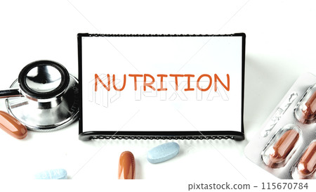Concept or conceptual abstract word NUTRITION on a white business card on a stand on a white background. Concept or conceptual abstract word NUTRITION on a white business card on a stand on a white background. 115670784