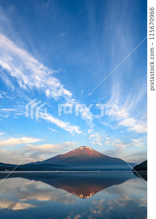 Spectacular view of Red Fuji from Lake Yamanaka in early summer in Yamanashi Prefecture Spectacular view of Red Fuji from Lake Yamanaka in early summer in Yamanashi Prefecture 115670966
