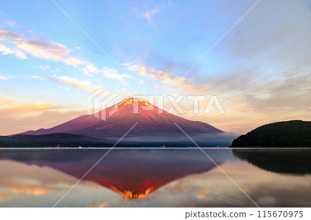 Spectacular view of Red Fuji from Lake Yamanaka in early summer in Yamanashi Prefecture Spectacular view of Red Fuji from Lake Yamanaka in early summer in Yamanashi Prefecture 115670975