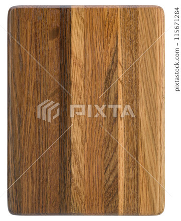 Brown Orange Texture of stained oak wood cutting board with grain on white background, 115671284