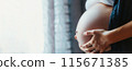 Banner Cropped Pregnant woman Holds Belly in Hospital. Copy Space, Horizontal. Fertilization, IVF. Healthy Pregnancy, Exam. Labor. AI Generated Parenting. Prenatal Care. 115671385