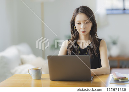 A young woman teleworking in the living room 115671886