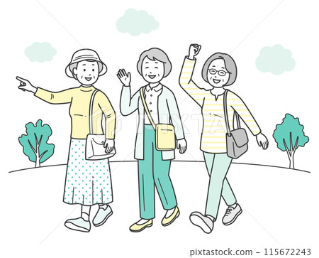 A full-body illustration of a friendly group of elderly women having fun on a trip 115672243