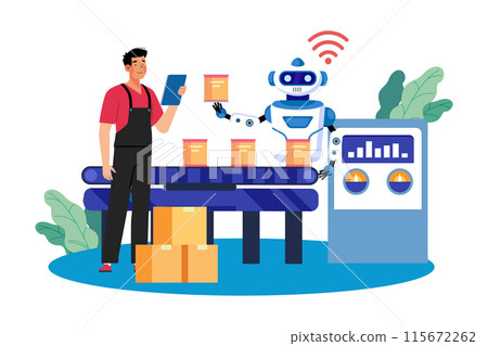 AI-powered robots automate manufacturing processes. 115672262