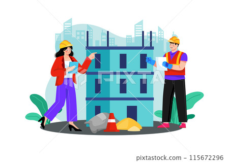 A developer constructs a commercial building in a bustling downtown area. A developer constructs a commercial building in a bustling downtown area. 115672296