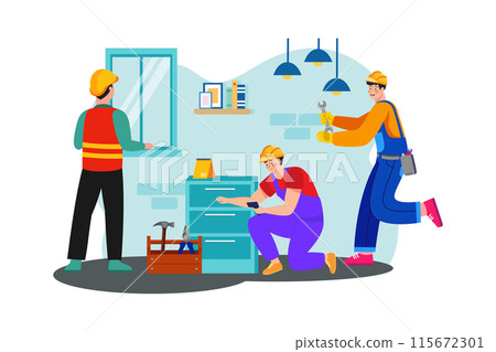 A construction team installs electrical wiring and fixtures in a newly constructed house. 115672301