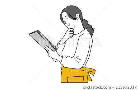 一個穿著圍裙的女人看著平板電腦的簡單插圖 115672337