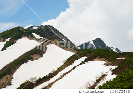 Snow-covered mountain slopes and the ridgeline leading to Mt. Karamatsu Snow-covered mountain slopes and the ridgeline leading to Mt. Karamatsu 115672426