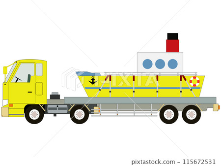 一輛「黃色卡車」正在陸路運輸一艘「黃色船」。 115672531