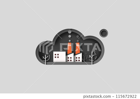 Air pollution from Industry. CO2 Emission, Reduction, neutrality concept. Air pollution protection. Ecology and Environment concept. Paper Art Vector Illustration. 115672922
