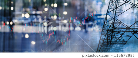 graph of stock market with city light with electricity pole for energy industrial business banner background graph of stock market with city light with electricity pole for energy industrial business banner background 115672985