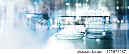 glass plate or petri dish in biotechnology lab banner background 115672987