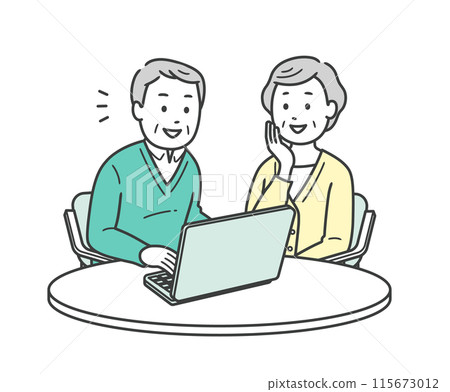 Illustration of an elderly man smiling and operating a laptop computer and an elderly woman watching over him 115673012