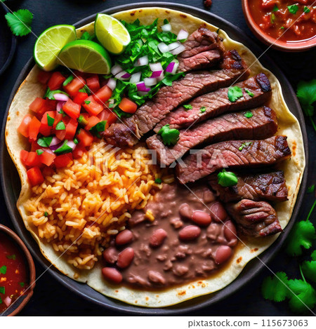 Mexican carne asada meal from above 115673063