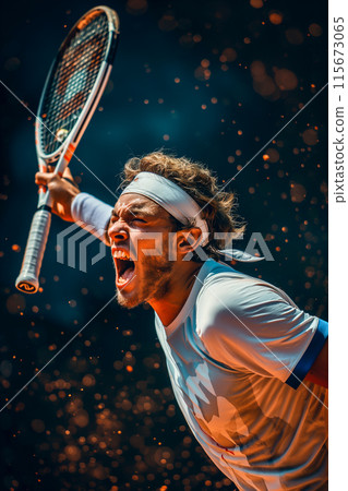 A tennis player is in the air, holding a racket and yelling 115673065