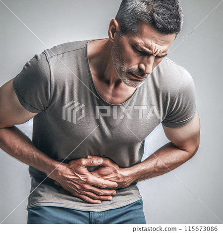 Man clutching stomach in pain on grey background 115673086