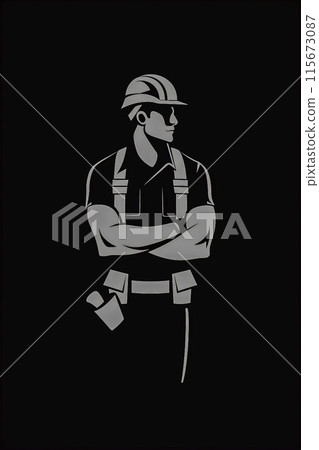 A man in a hard hat and safety vest is standing with his arms crossed 115673087