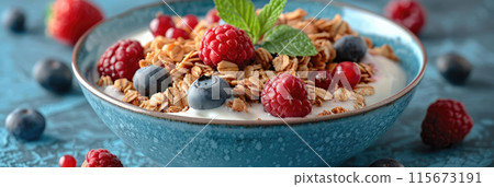 Healthy granola bowl with fresh berries 115673191