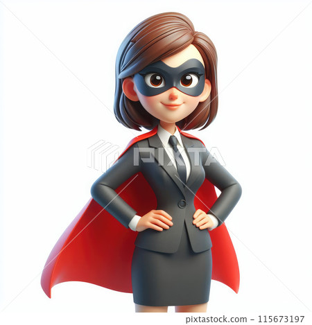 A woman in a superhero costume is standing in front of a white background 115673197