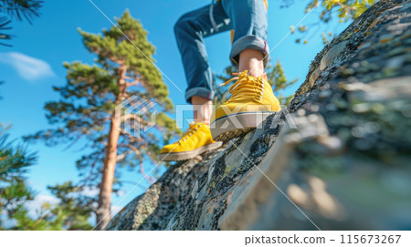 Yellow boots on rocky terrain under blue sky Yellow boots on rocky terrain under blue sky 115673267