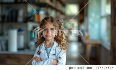 Curly-haired child posing as a doctor Curly-haired child posing as a doctor 115673346