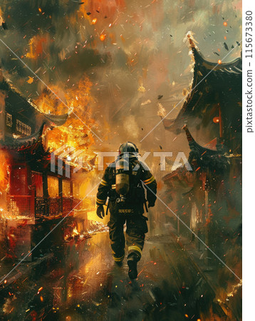 A firefighter is walking through a burning building A firefighter is walking through a burning building 115673380