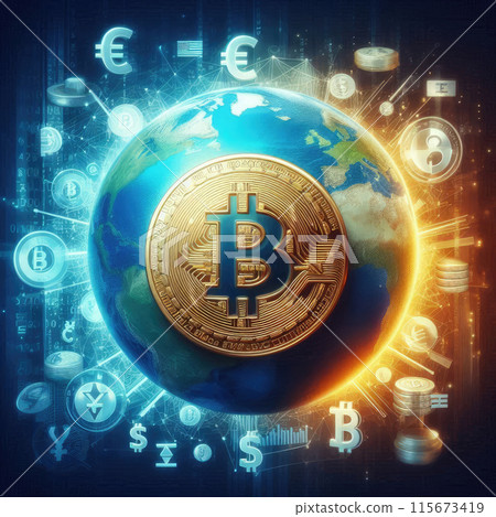 Global economy concept with Bitcoin and currencies 115673419
