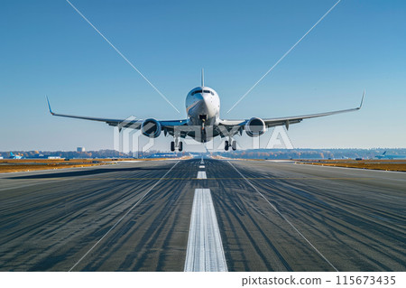 Commercial aircraft on runway under blue sky 115673435